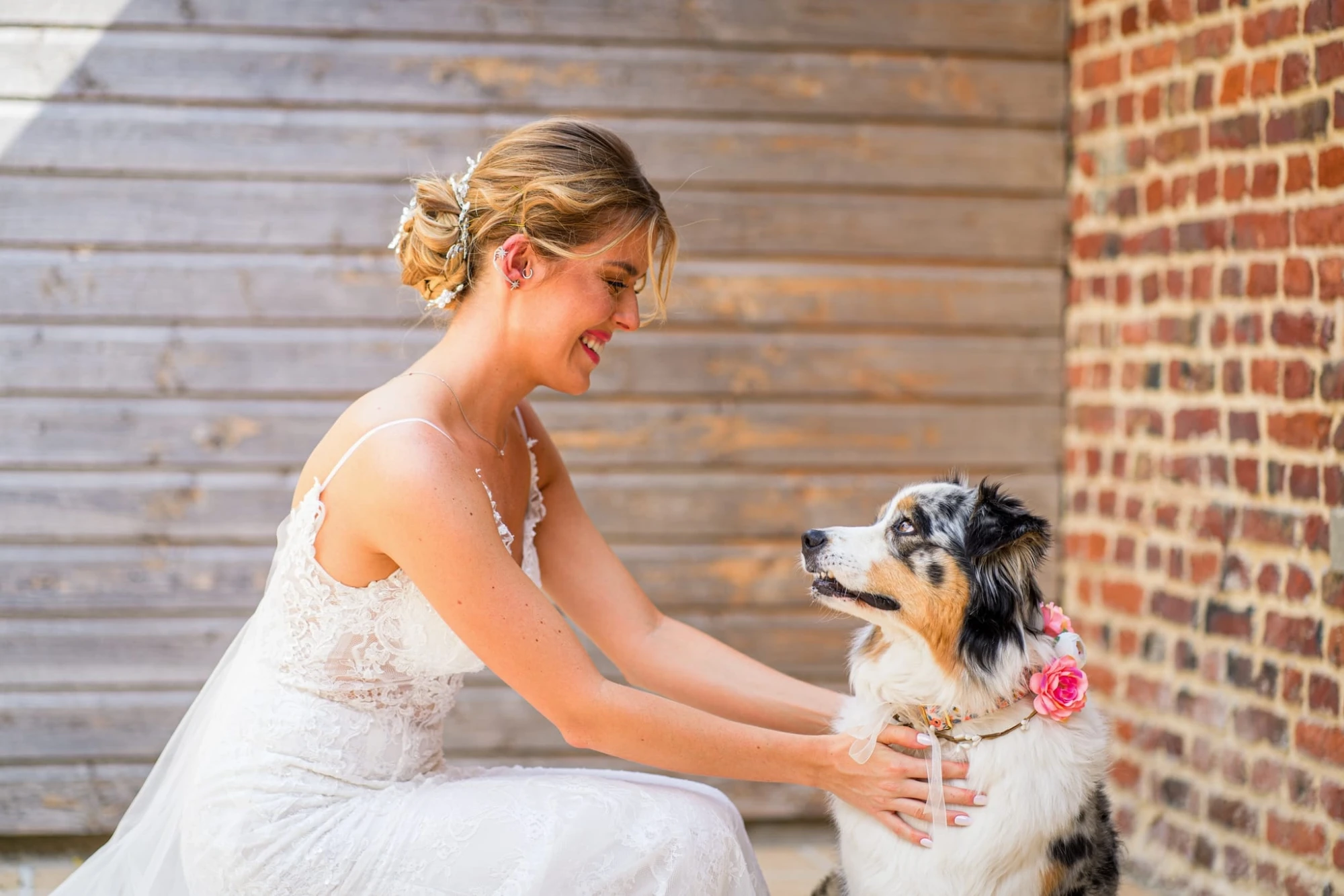 Mariée souriante caressant son chien avec des fleurs, mur en briques et bois en arrière-plan. photographe-lille